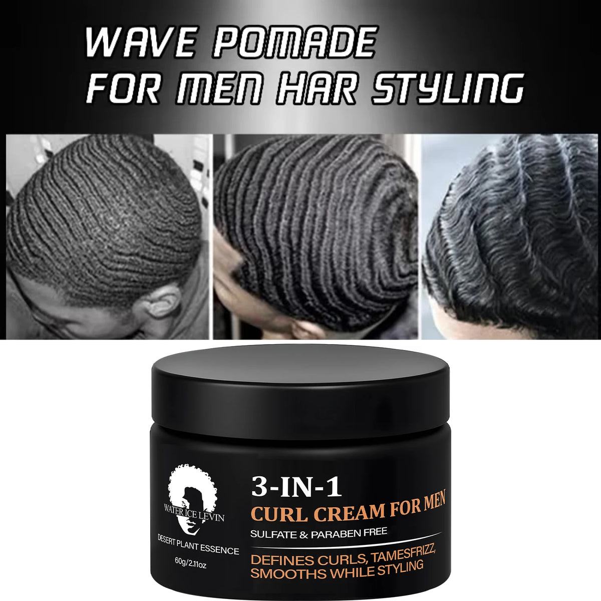 Men's 3-in-1 Curl Cream with Collagen & Coconut Defines Curls, Tames