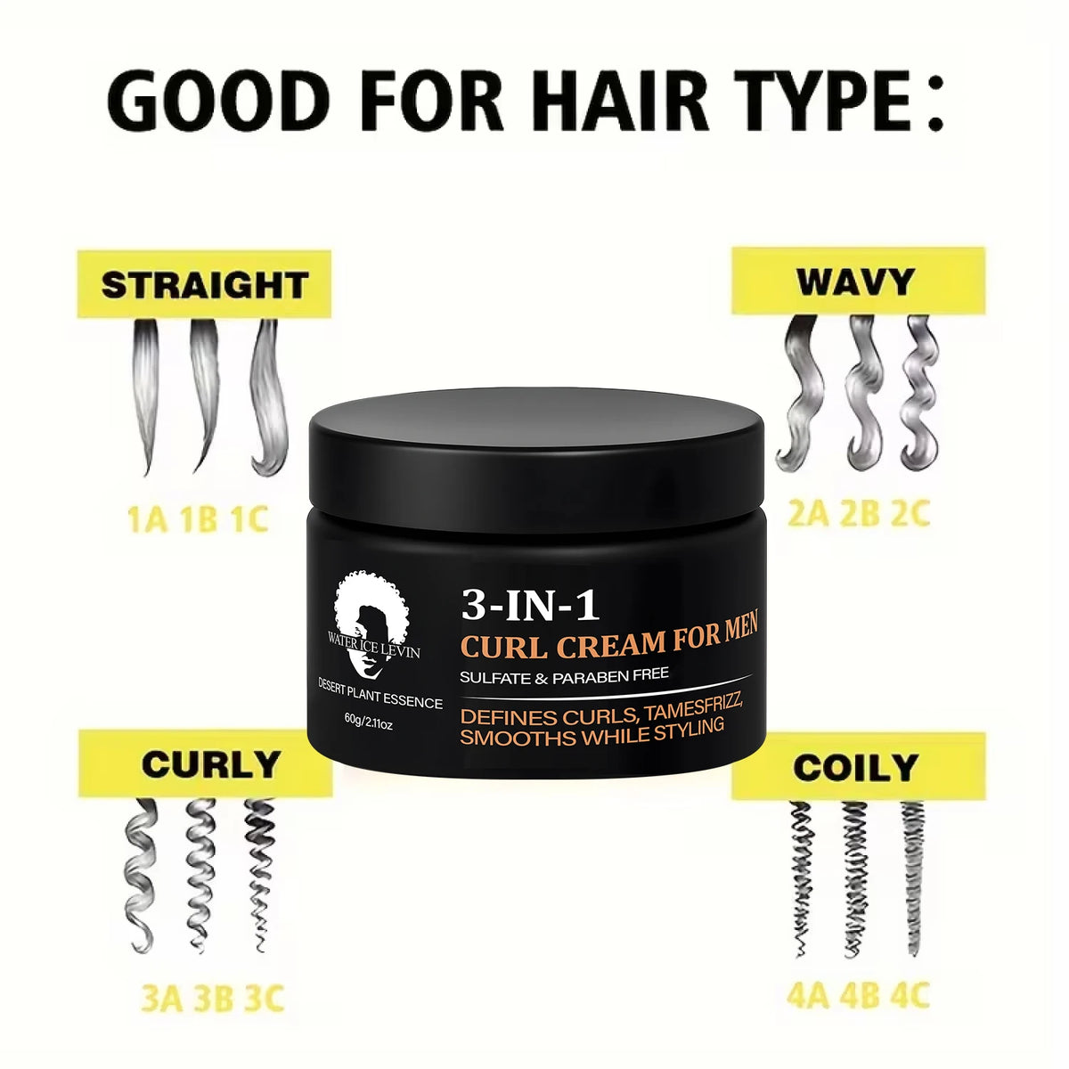 Men's 3-in-1 Curl Cream with Collagen & Coconut Defines Curls, Tames